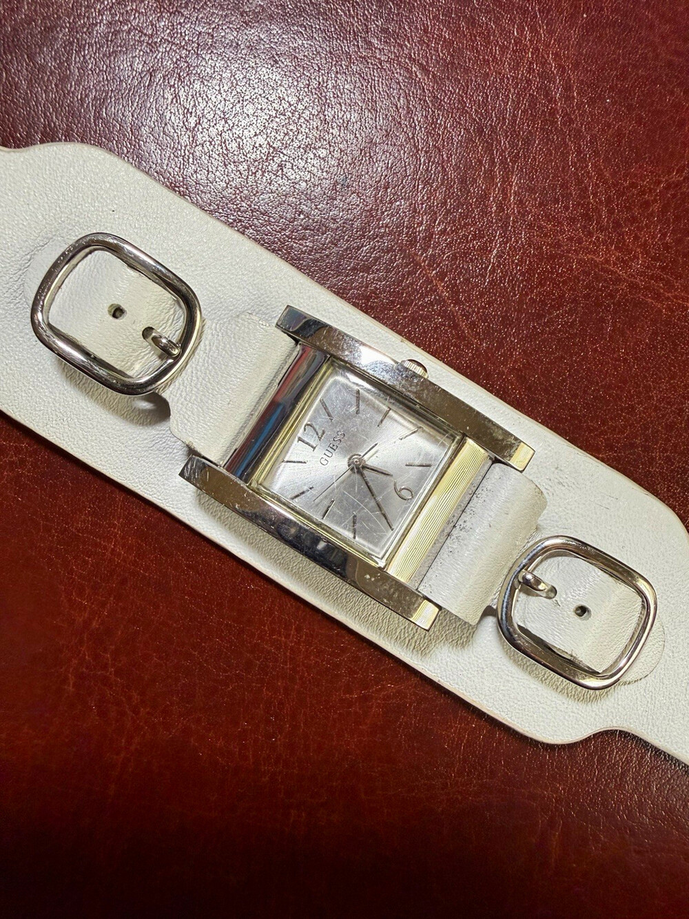 Vintage Guess Women’s Silver Square Cuff Watch White Leather Y2K